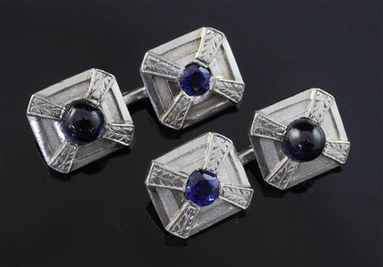 A pair of platinum and sapphire octagonal cufflinks, gross weight 20.3 grams.